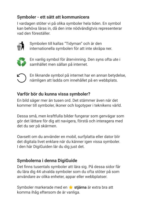Insidan av en DigiGuide som beskriver olika symboler