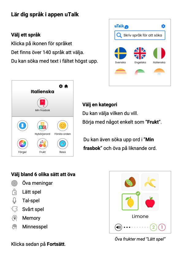 Insidan av en DigiGuide som visar hur man lär sig använda appen uTalk för att lära sig nya språk