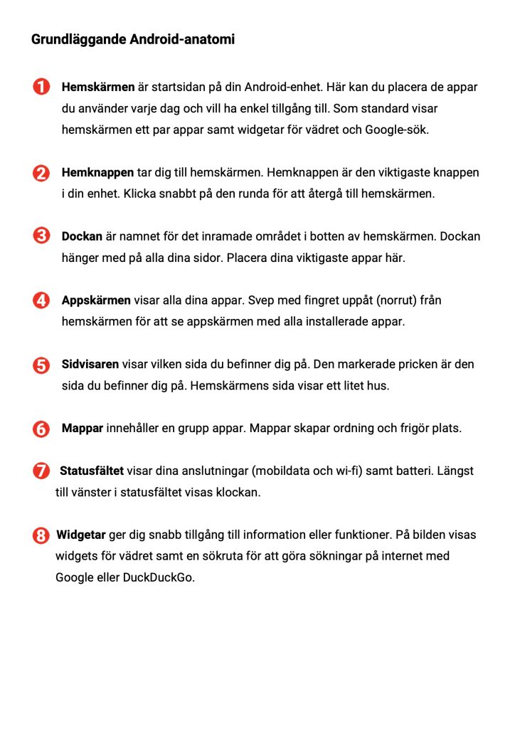 En lista med förklaringar av vad alla funktioner används för på hemskärmen i en Android-telefon